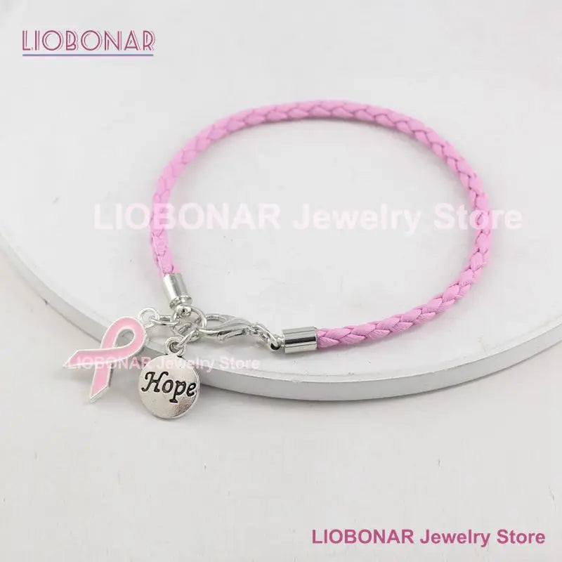 the HOPE FLOATS - New Arrival Breast Cancer Awareness Bracelet Jewelry, Pink Leather Hope Ribbon Charm Bracelets for Cancer Foundation Gift