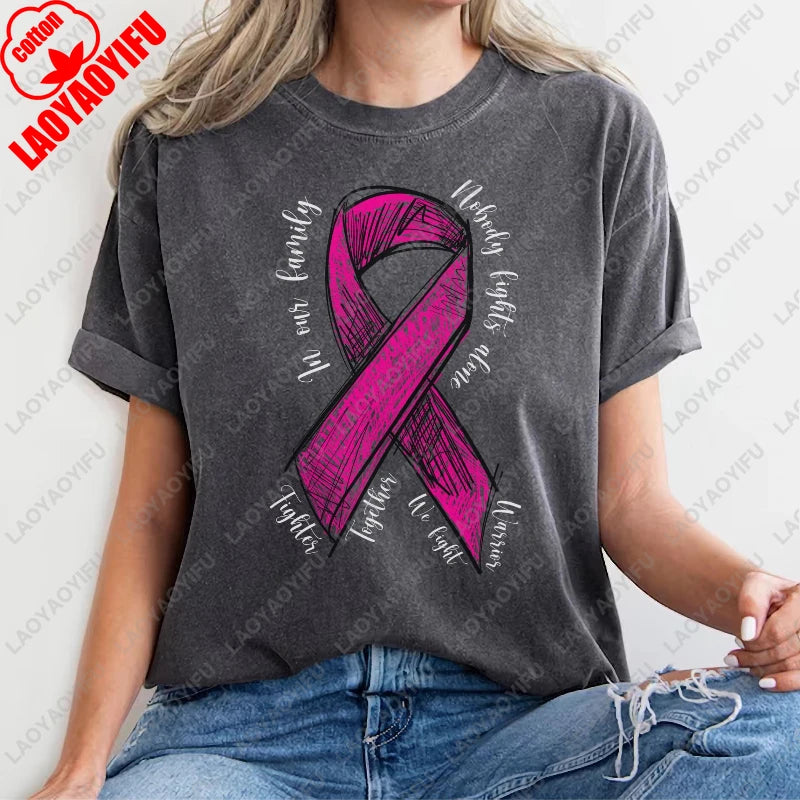Fashion Breast Cancer Cotton Shirt Pink Breast Cancer Awareness T-Shirt Supporter Crew Tees Retro Cotton Woman Short-sleeve Tops