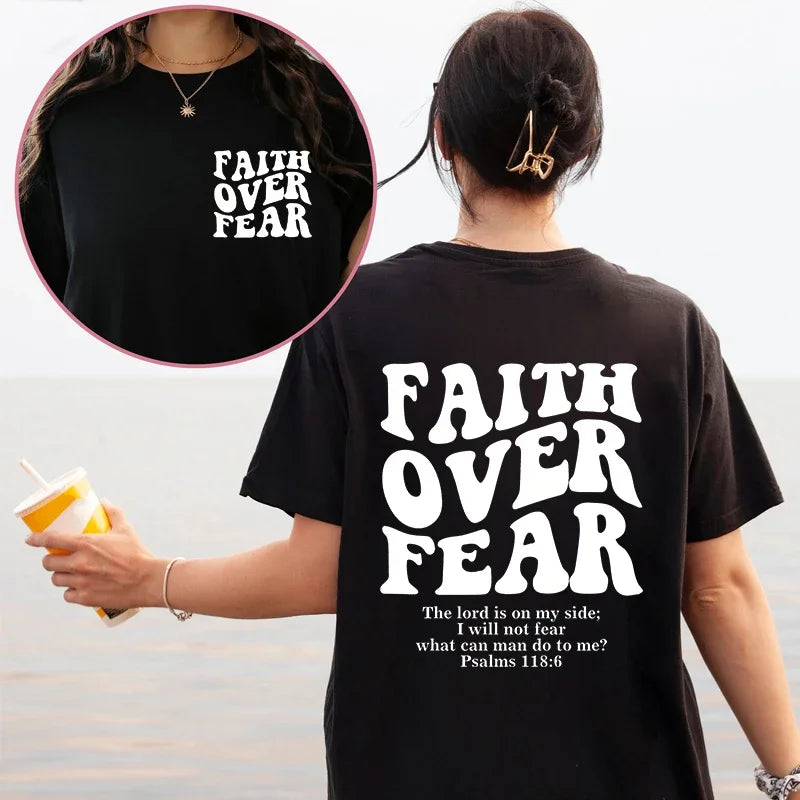 the FAITH OVER FEAR - Christian Women T-Shirts, Christian Clothes, Jesus Fashion Trendy T-Shirts Bible Verse Sportwear Aesthetic Clothes