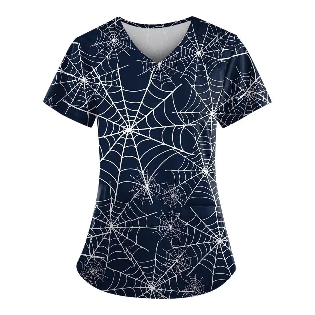 Women's Hospital Uniform Halloween Cartoon Print Dental Nurse Tops V-Neck Short Sleeve with Pocket Tee Medical Uniform for Women