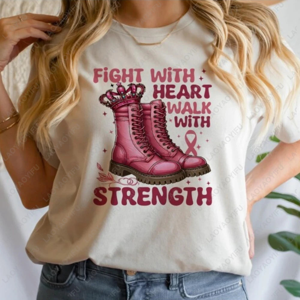 Fight with Heart Walk with Strength Shirt Breast Cancer Awareness Tshirt Cancer Fighter T-shirt October Pink Women Cotton Shirts