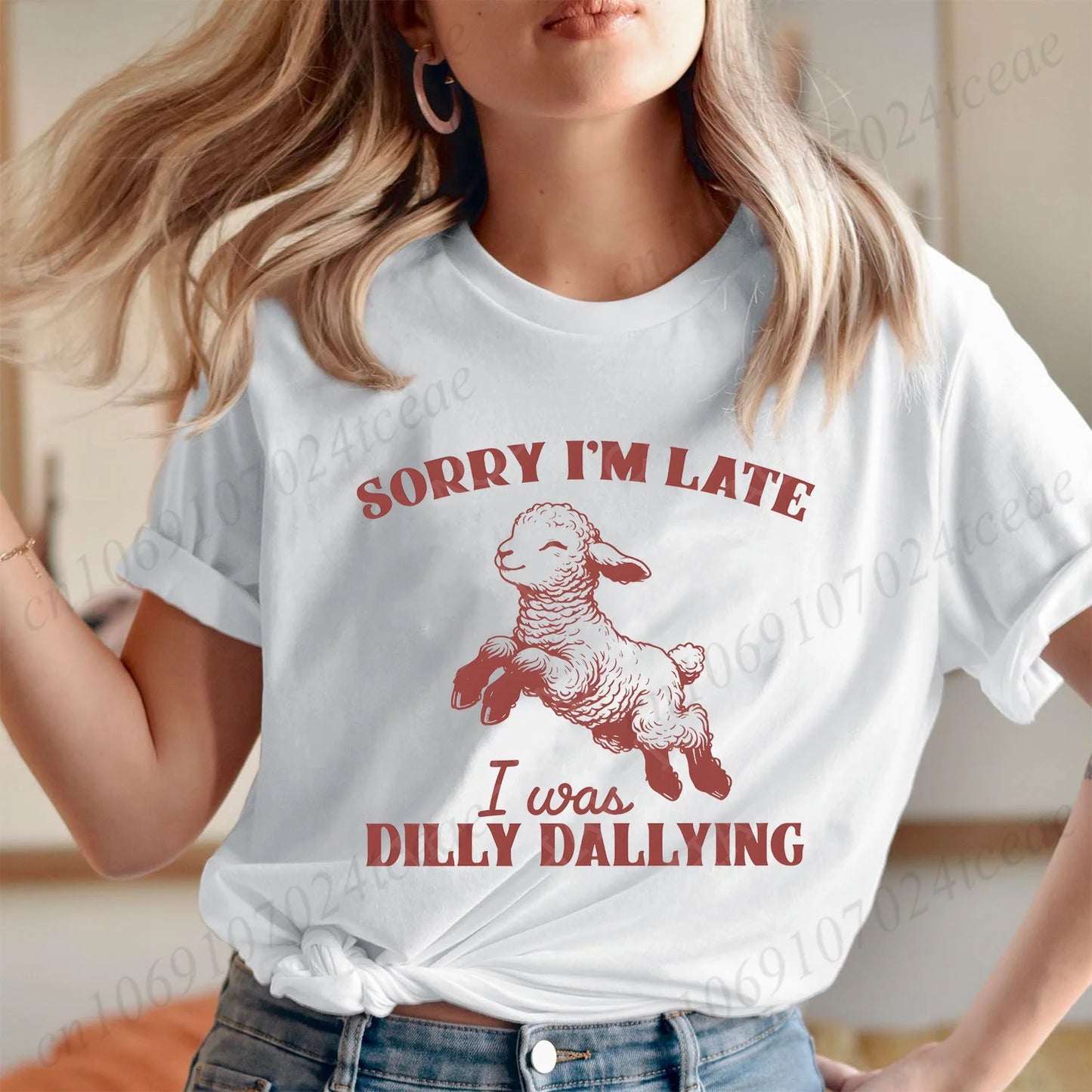 the DILLY DALLY - Sorry I'm Late I Was Dilly Dallying T-Shirts for Women, Funny Sheep Graphic Tops, Summer Short Sleeve Tees, Female Clothing