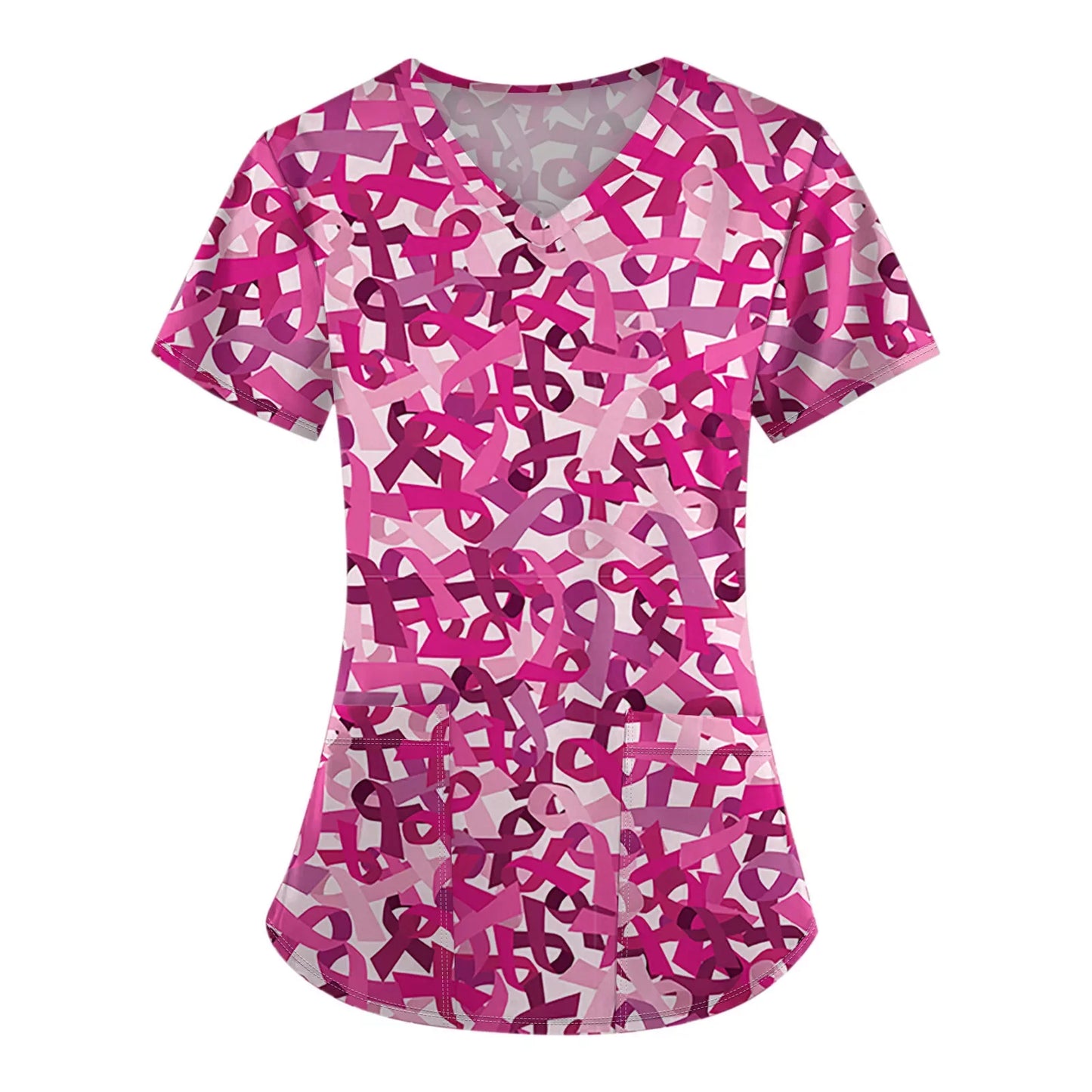Surgical Uniforms Woman Pink Ribbon Print Heal Nurse Tops V-Neck Short Sleeve Patch Pocket Cancer Fighter Clinical Uniform Woman