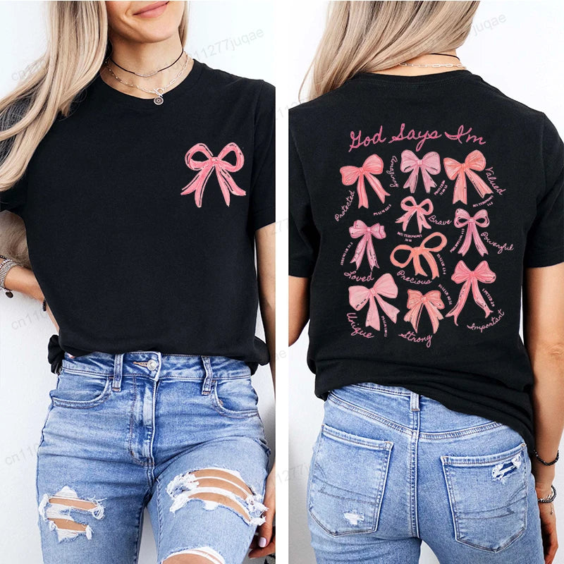 the GOD SAYS - God Says I Am Coquette Bow Trend Women Fashion Clothing Graphic T-Shirts, Clothes Boho Jesus Bible Verse Print Shirt Casual Tee