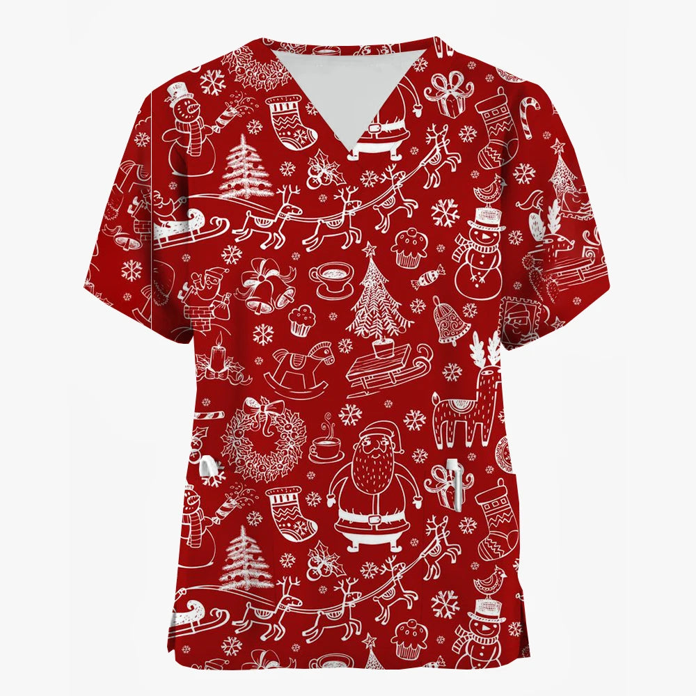 Christmas Medical Scrubs for Women Cartoon Pattern Print Dental Nurse Tops Fashion V-Neck Short Sleeve Clinical Uniform Woman
