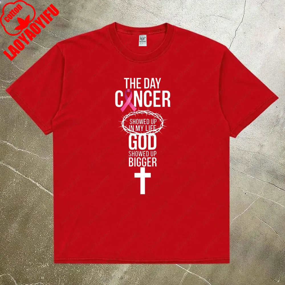 the GOD SHOWED UP - Breast Cancer Awareness Women Shirt, Breast Cancer Awareness God Showed Up Bigger Christian Quote T-Shirts Tops