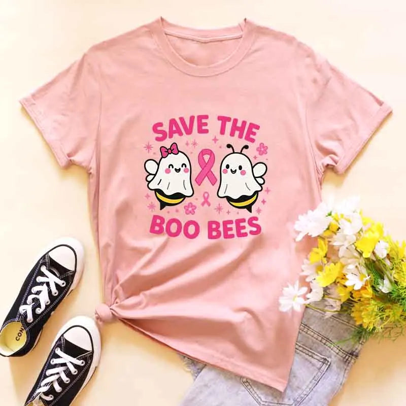 the SAVE THE BOO-BEES - Halloween "Save the Boo Bees" Tees, Funny Ghost Bee Breast Cancer Awareness T-Shirt, Cute Strong Women Pink Ribbon T-Shirt