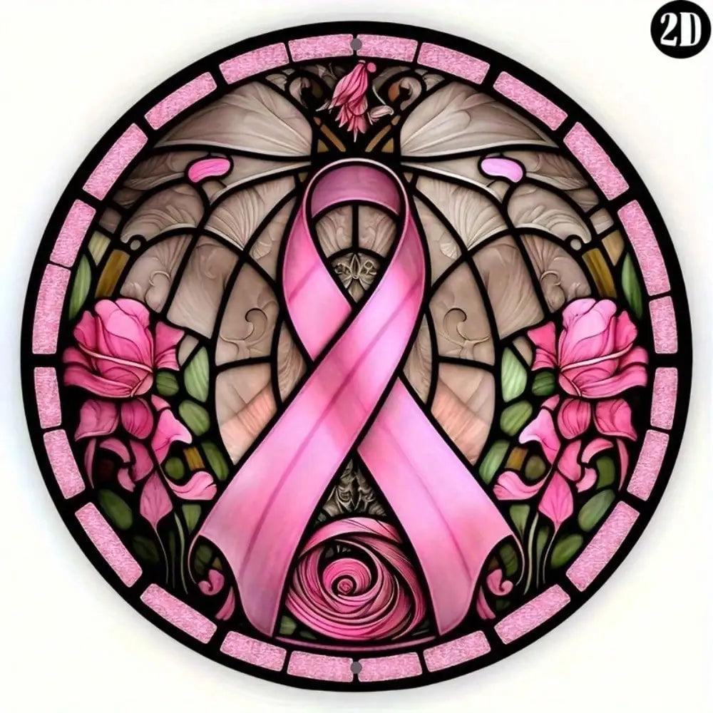 1pc 8"x8" Round Aluminum Breast Cancer Awareness Sign - Pink Ribbon Wreath Design, Perfect Decor for Home/Kitchen/Garden/Office