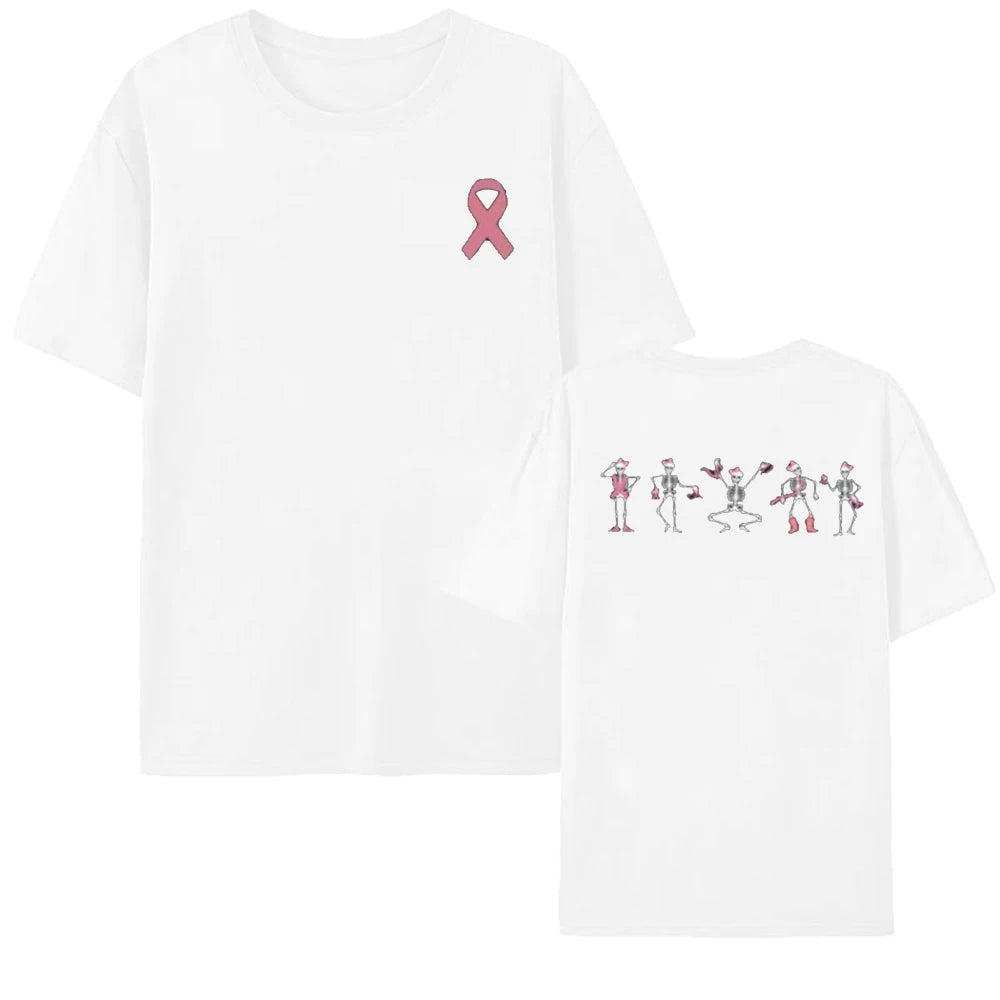 Breast Cancer Awareness Pink Ribbon Skeleton T-Shirt Halloween Gift Dancing Bones Shirt Women Men Unisex Comfortable Cotton Tee