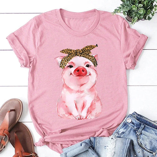 the LITTLE PIGGY - Cute Pig Print T-shirts for Women Summer Lovely Short Sleeve Casual Round Neck T-shirts Ladies Creative Personalized Tops