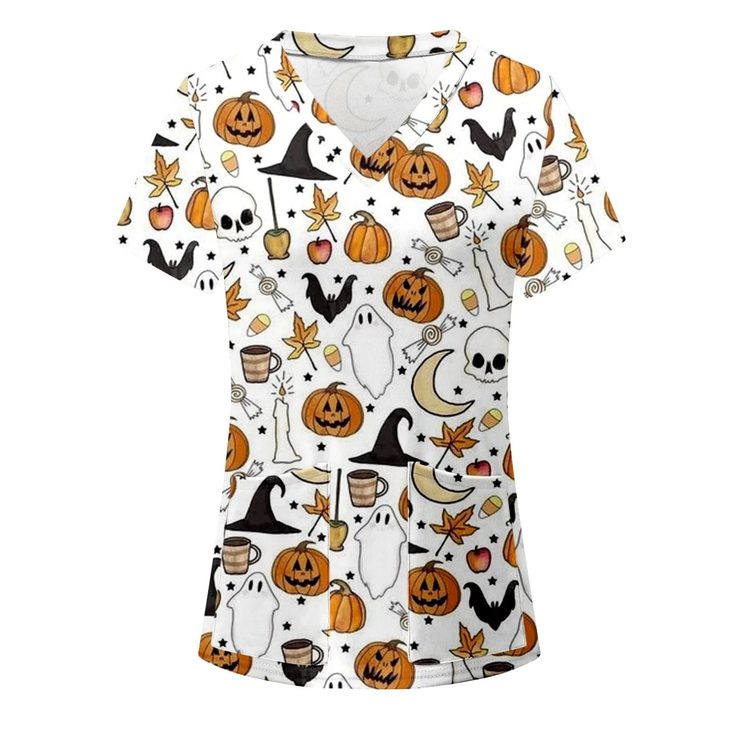Women's Hospital Uniform Halloween Cartoon Print Dental Nurse Tops V-Neck Short Sleeve with Pocket Tee Medical Uniform for Women