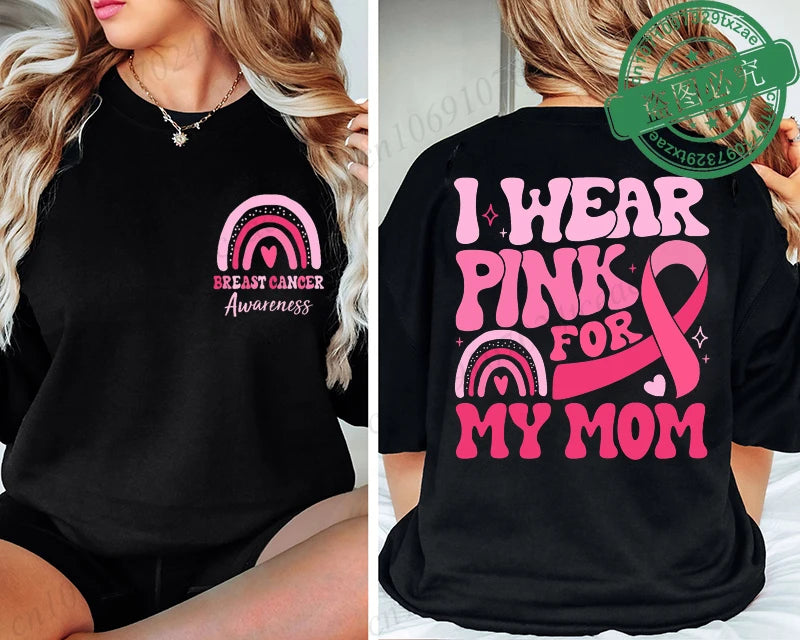 the PINK FOR - I Wear Pink for Breast Cancer Print Women T-Shirt, Pink Ribbon Support Squad Shirt for Women, Fashion Casual Clothes Summer T-Shirt
