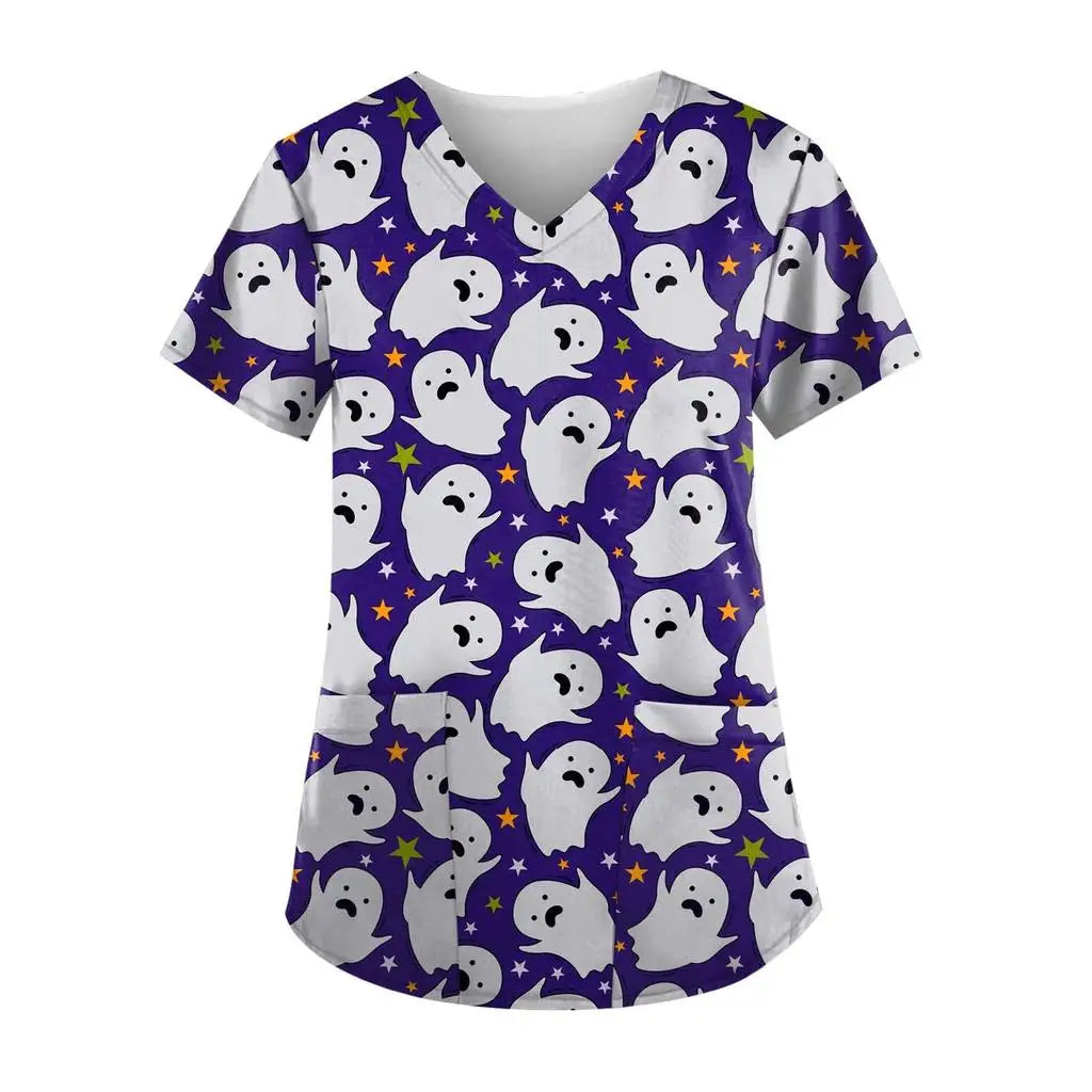 Women's Hospital Uniform Halloween Cartoon Print Dental Nurse Tops V-Neck Short Sleeve with Pocket Tee Medical Uniform for Women