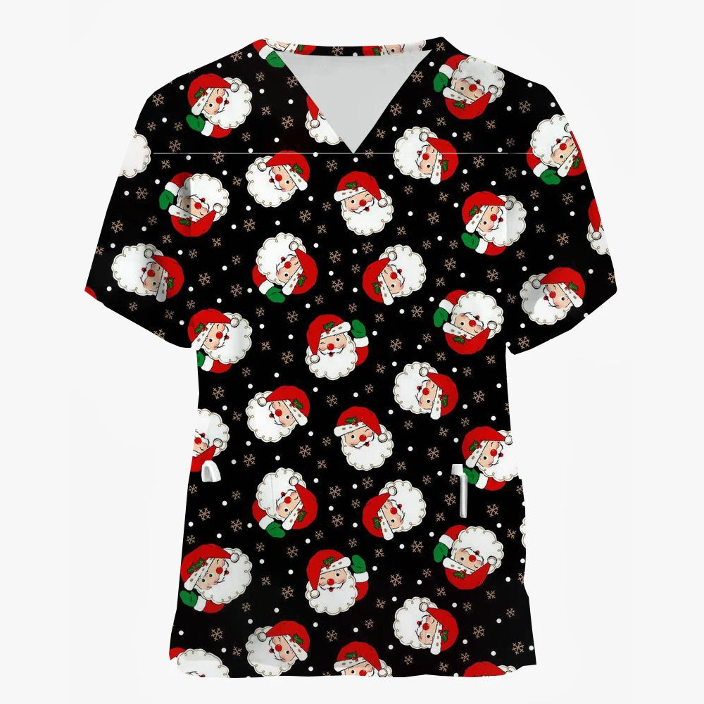 Christmas Medical Scrubs for Women Cartoon Pattern Print Dental Nurse Tops Fashion V-Neck Short Sleeve Clinical Uniform Woman