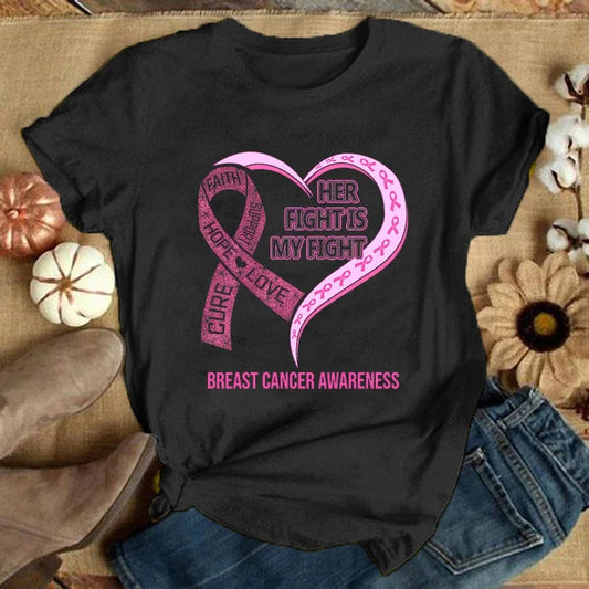 the HER FIGHT - Fashion Breast Cancer Print T-Shirt, Summer Fashion Casual T-Shirts, Short Sleeve Creative Personalized Tops
