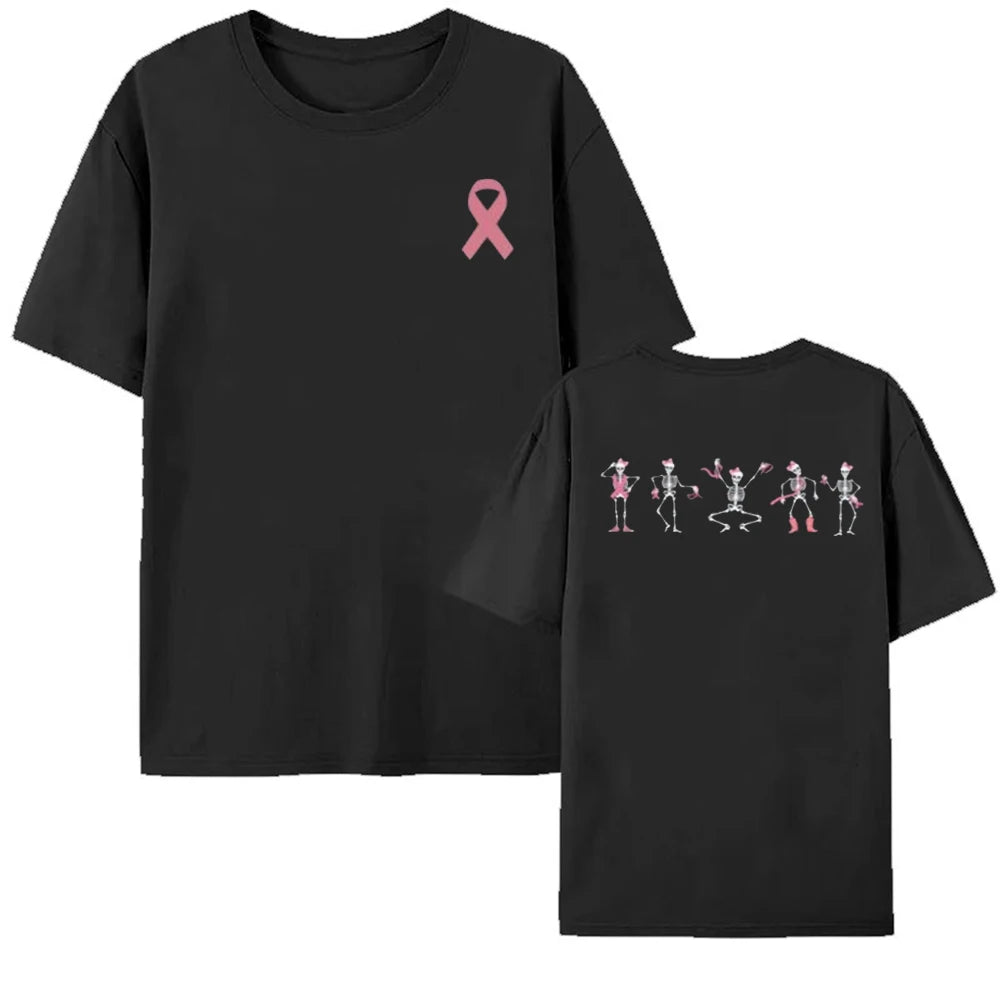 Breast Cancer Awareness Pink Ribbon Skeleton T-Shirt Halloween Gift Dancing Bones Shirt Women Men Unisex Comfortable Cotton Tee