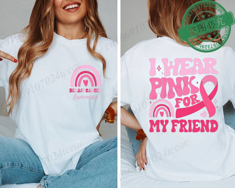 the PINK FOR - I Wear Pink for Breast Cancer Print Women T-Shirt, Pink Ribbon Support Squad Shirt for Women, Fashion Casual Clothes Summer T-Shirt