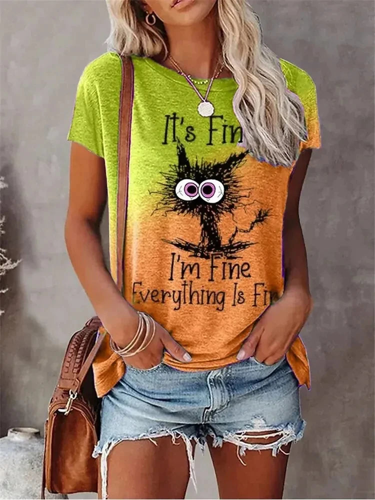 the I'M FINE - 3D Print T-Shirts Women Streetwear Summer Cartoon Cats Fine, Casual Fashion Short Sleeve T Shirt O-neck Tees Tops Clothing