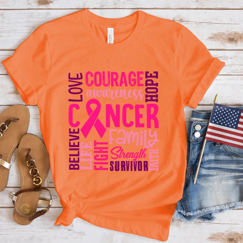 the WORDS OF ENCOURAGEMENT - Breast Cancer Awareness Cancer Letter Printed T-Shirts for Women