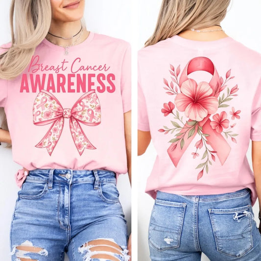 Floral Coquette Breast Cancer Tshirt Fight Breast Cancer Women Motivational Clothing Cancer Awareness Pink Ribbon Printed Tee