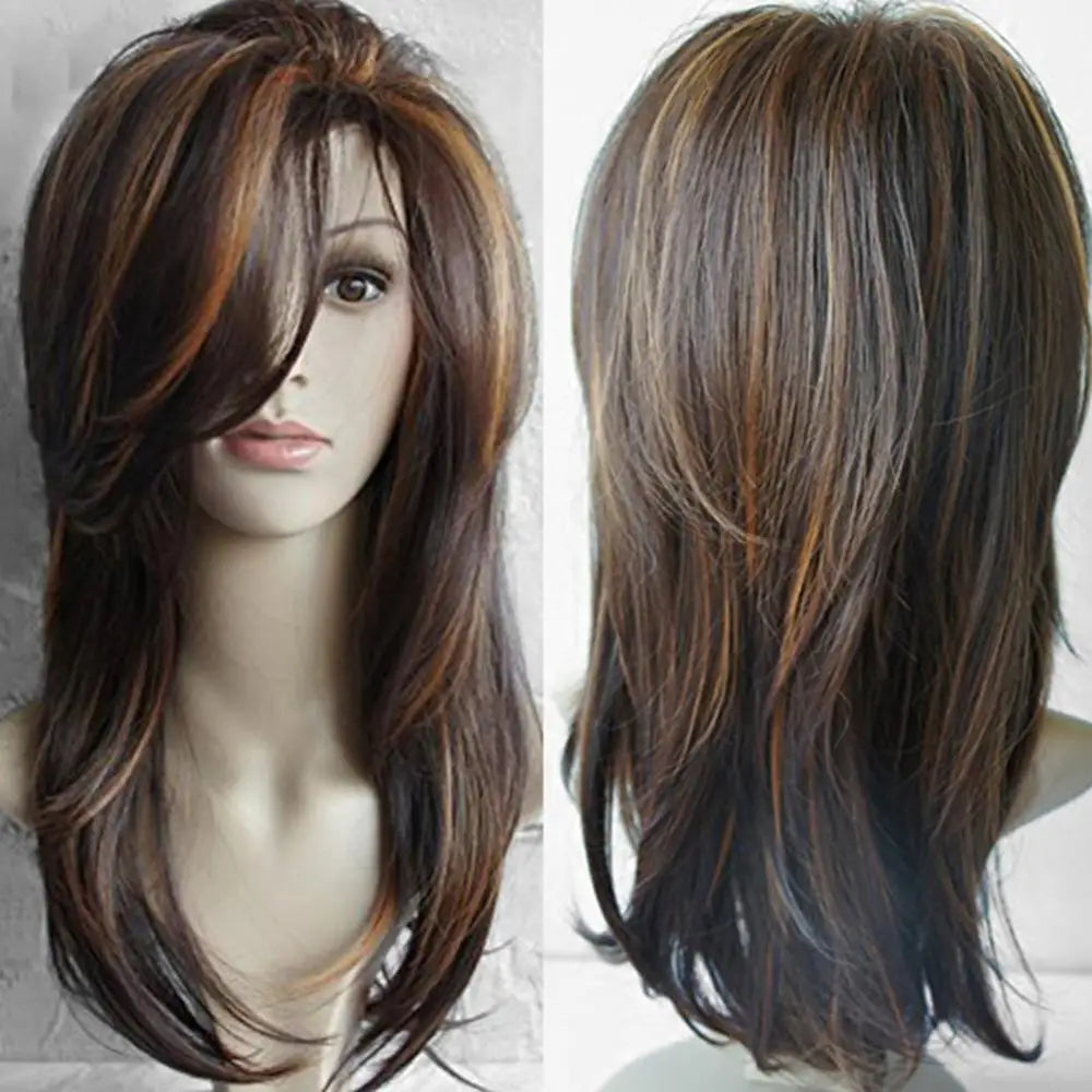 the MARIE - Fashion Brown Curly Long Wig, Faux Hair Women Cosplay Party Charming Hairpiece Straight Synthetic Wigs, Faux Hair with Bangs