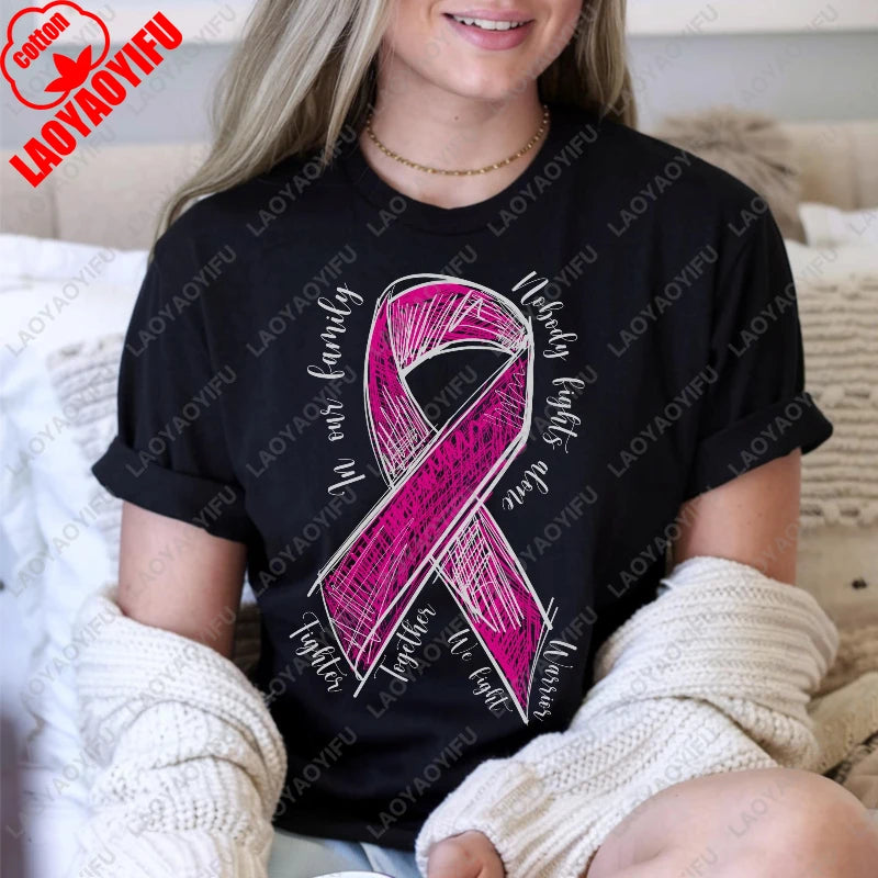 Fashion Breast Cancer Cotton Shirt Pink Breast Cancer Awareness T-Shirt Supporter Crew Tees Retro Cotton Woman Short-sleeve Tops