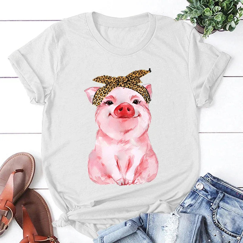 the LITTLE PIGGY - Cute Pig Print T-shirts for Women Summer Lovely Short Sleeve Casual Round Neck T-shirts Ladies Creative Personalized Tops