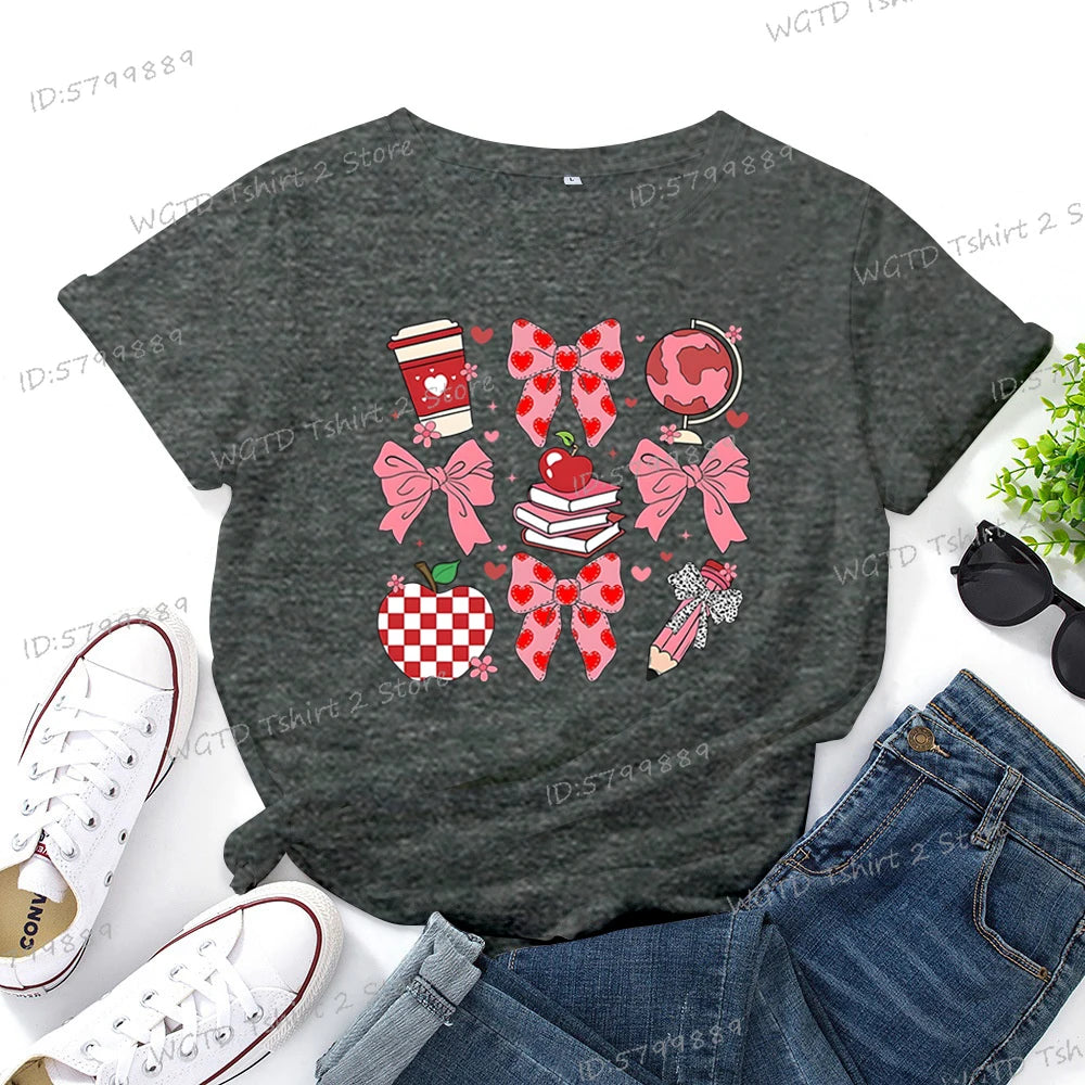 Teacher's Day Graphic Print T-Shirt Teacher Gifts Pink Bows Coquette Crewneck Clothing Back To School Shirt Cute Teacher Tees