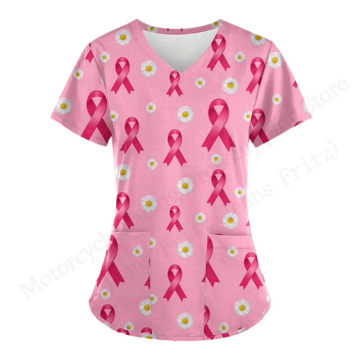 Love Nurse Uniform Scrubs Medical Uniform Pink Ribbon 3D Print V-Neck Pocket Short Sleeve Medical Uniforms Working Clothes New