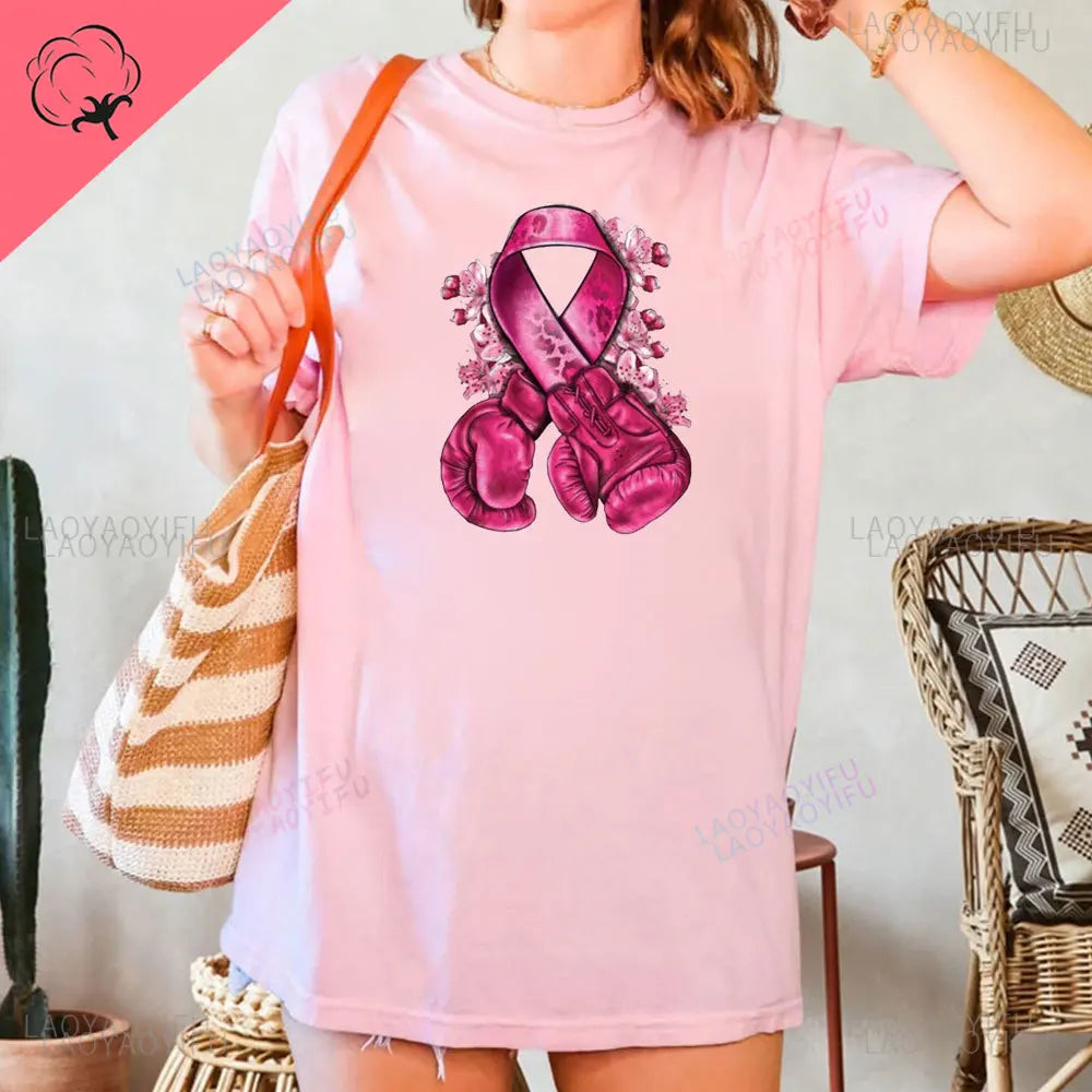 Caring for Women Breast Cancer T-shirt October Pink Ribbon Breast Cancer Awareness Themed Printed Tee Gift for Moms Daughters