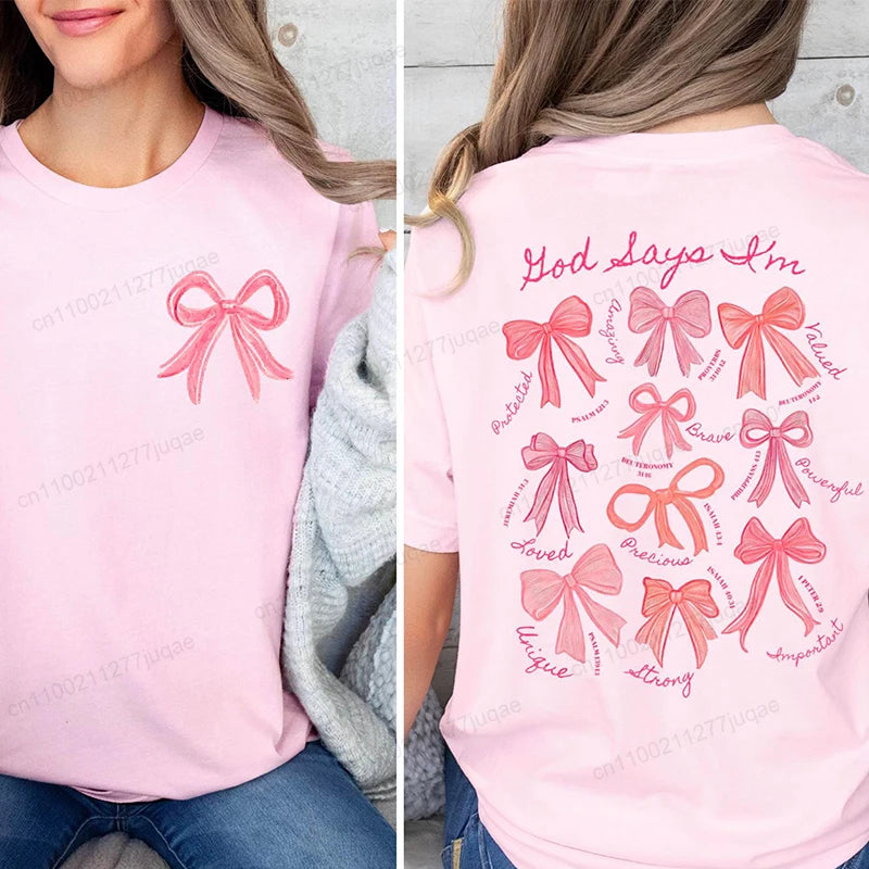 the GOD SAYS - God Says I Am Coquette Bow Trend Women Fashion Clothing Graphic T-Shirts, Clothes Boho Jesus Bible Verse Print Shirt Casual Tee