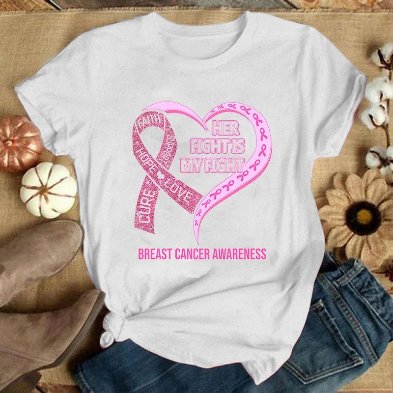 the HER FIGHT - Fashion Breast Cancer Print T-Shirt, Summer Fashion Casual T-Shirts, Short Sleeve Creative Personalized Tops