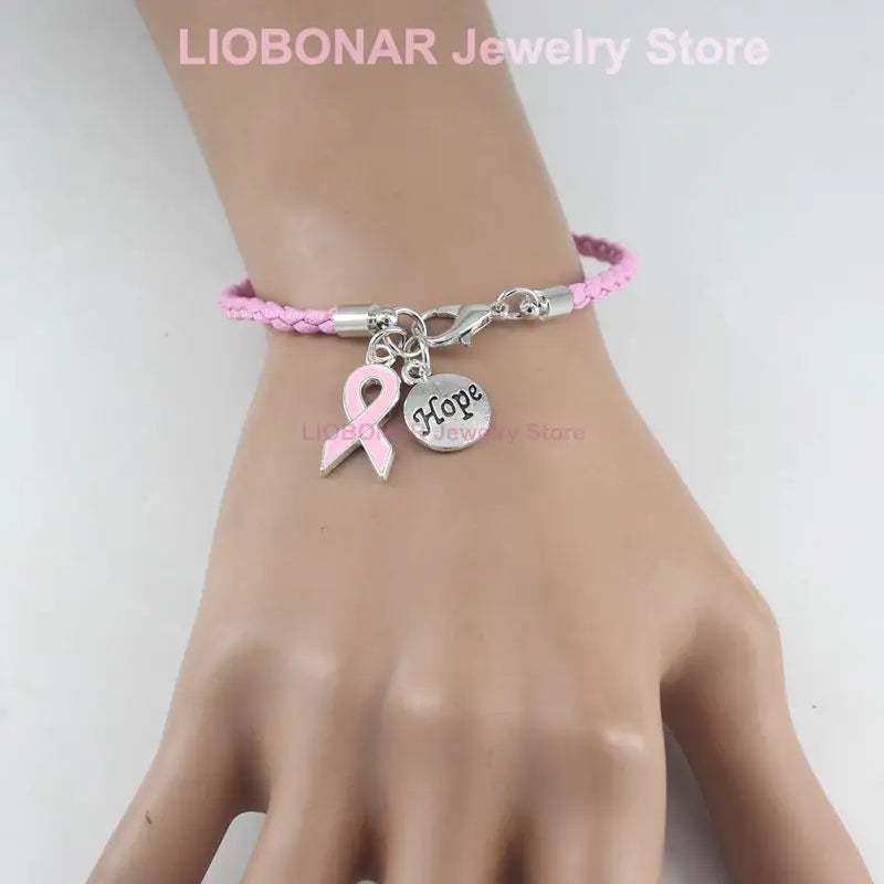 the HOPE FLOATS - New Arrival Breast Cancer Awareness Bracelet Jewelry, Pink Leather Hope Ribbon Charm Bracelets for Cancer Foundation Gift