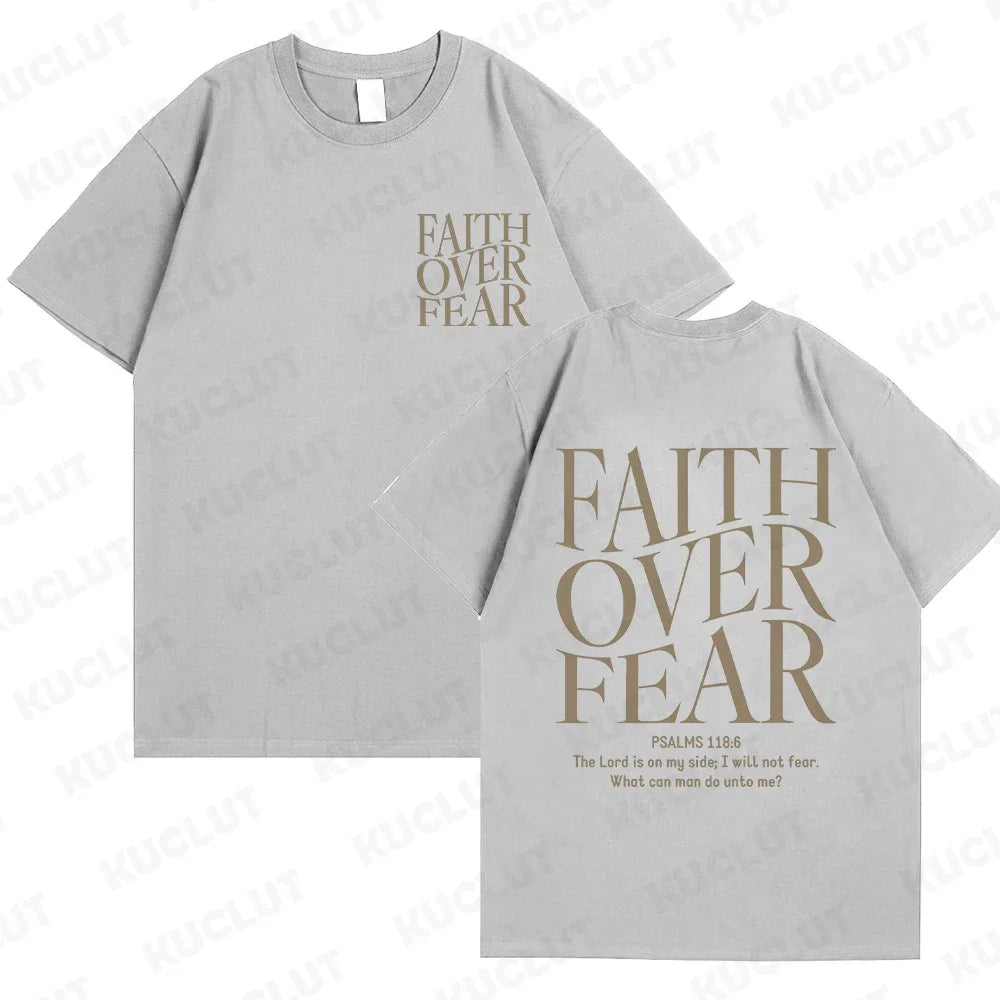 the FAITH OVER FEAR - Christian Women T-Shirts, Christian Clothes, Jesus Fashion Trendy T-Shirts Bible Verse Sportwear Aesthetic Clothes