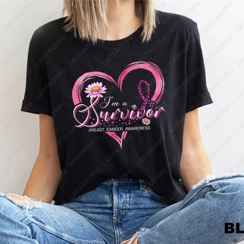 Fashion Breast Cancer Cotton Shirt Pink Breast Cancer Awareness T-Shirt Supporter Crew Tees Retro Cotton Woman Short-sleeve Tops