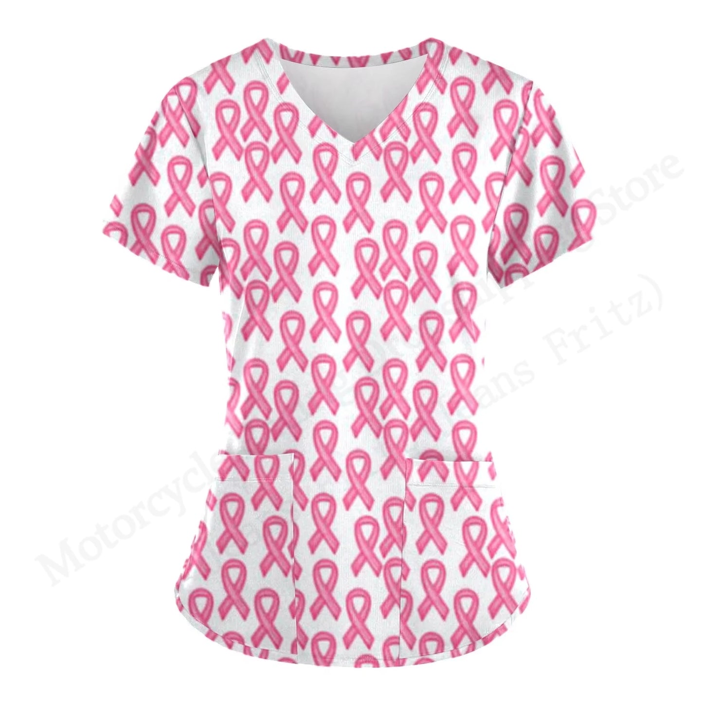 Love Nurse Uniform Scrubs Medical Uniform Pink Ribbon 3D Print V-Neck Pocket Short Sleeve Medical Uniforms Working Clothes New