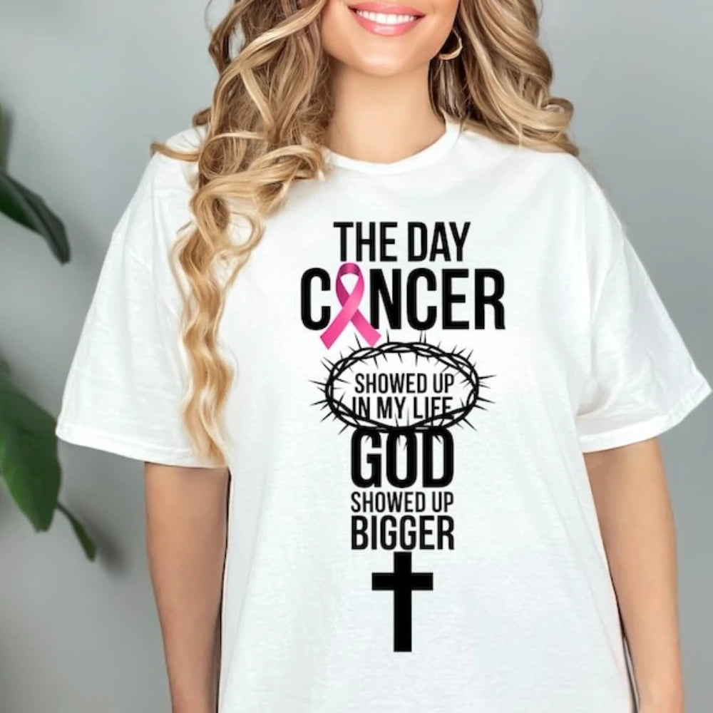 the GOD SHOWED UP - Breast Cancer Awareness Women Shirt, Breast Cancer Awareness God Showed Up Bigger Christian Quote T-Shirts Tops