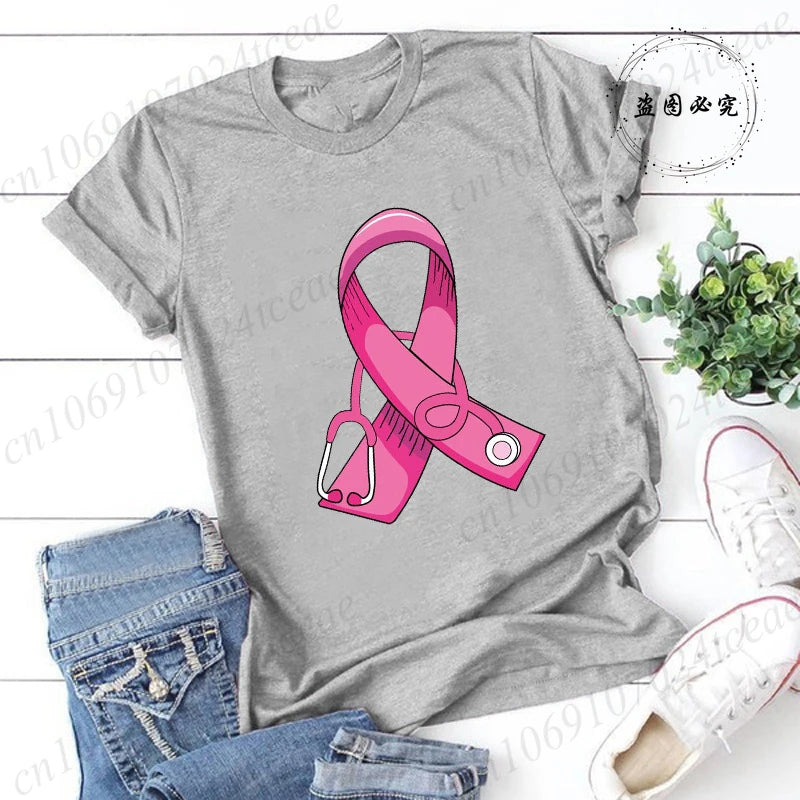 Breast Cancer Doctor Print Tshirt Women Breast Cancer Warrior Graphic Aesthetic T Shirt Pink Stethoscope Tshirt Ladies Clothing