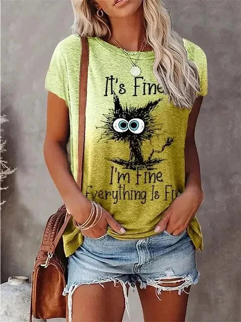 the I'M FINE - 3D Print T-Shirts Women Streetwear Summer Cartoon Cats Fine, Casual Fashion Short Sleeve T Shirt O-neck Tees Tops Clothing