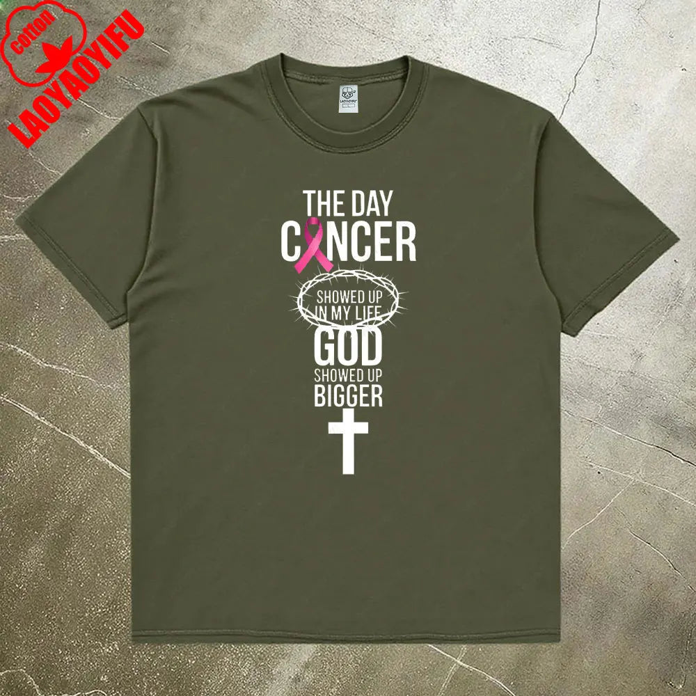 the GOD SHOWED UP - Breast Cancer Awareness Women Shirt, Breast Cancer Awareness God Showed Up Bigger Christian Quote T-Shirts Tops