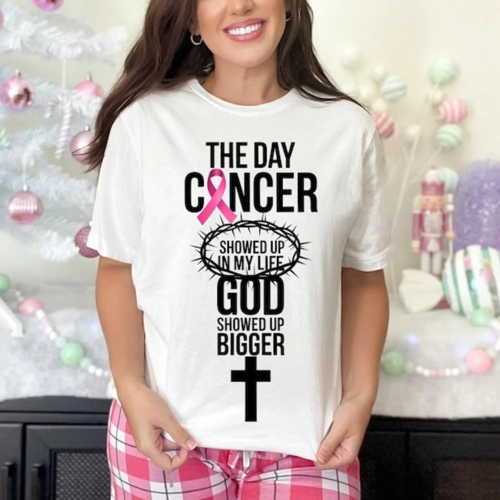 the GOD SHOWED UP - Breast Cancer Awareness Women Shirt, Breast Cancer Awareness God Showed Up Bigger Christian Quote T-Shirts Tops