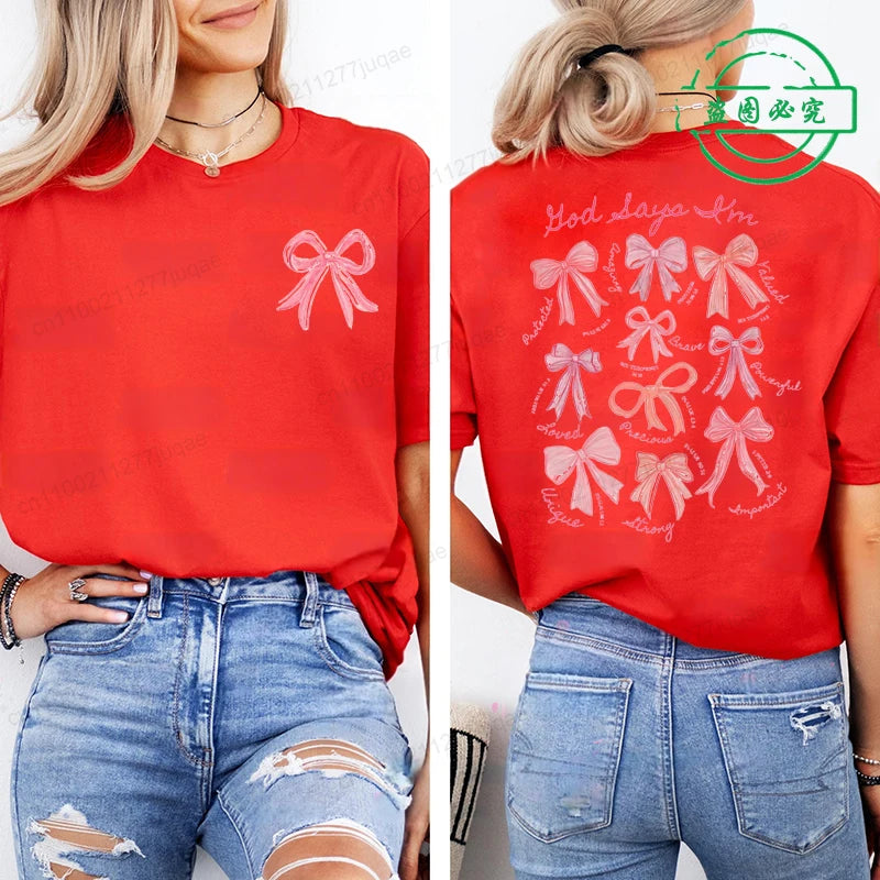 the GOD SAYS - God Says I Am Coquette Bow Trend Women Fashion Clothing Graphic T-Shirts, Clothes Boho Jesus Bible Verse Print Shirt Casual Tee