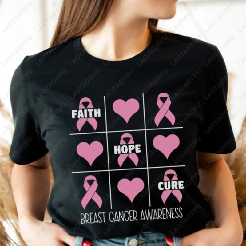 Fashion Breast Cancer Cotton Shirt Pink Breast Cancer Awareness T-Shirt Supporter Crew Tees Retro Cotton Woman Short-sleeve Tops