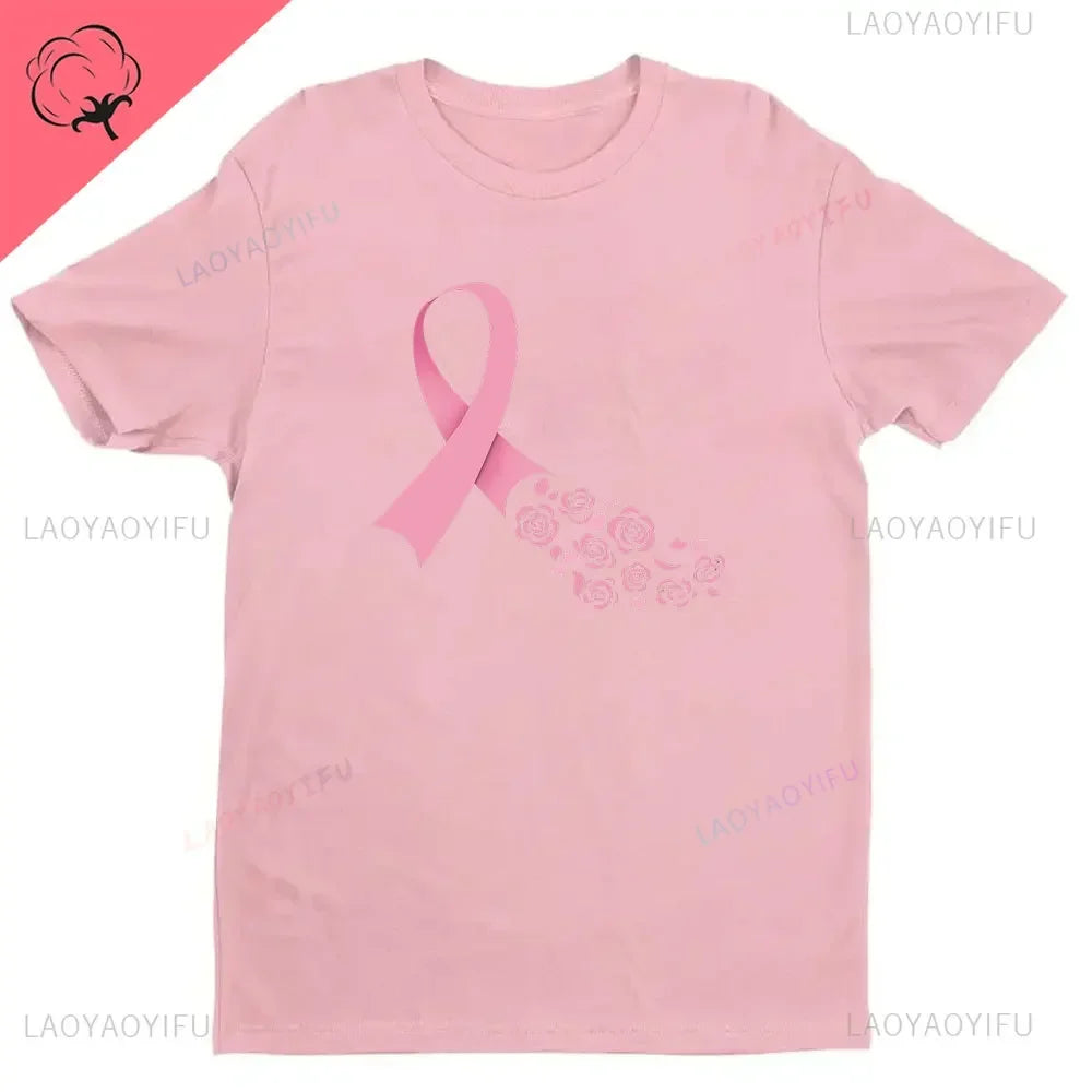 Breast Cancer Awareness Fight Print T Shirt in October We Wear Pink Awareness Ribbon Aesthetic Clothes Pink and White Tops Shirt