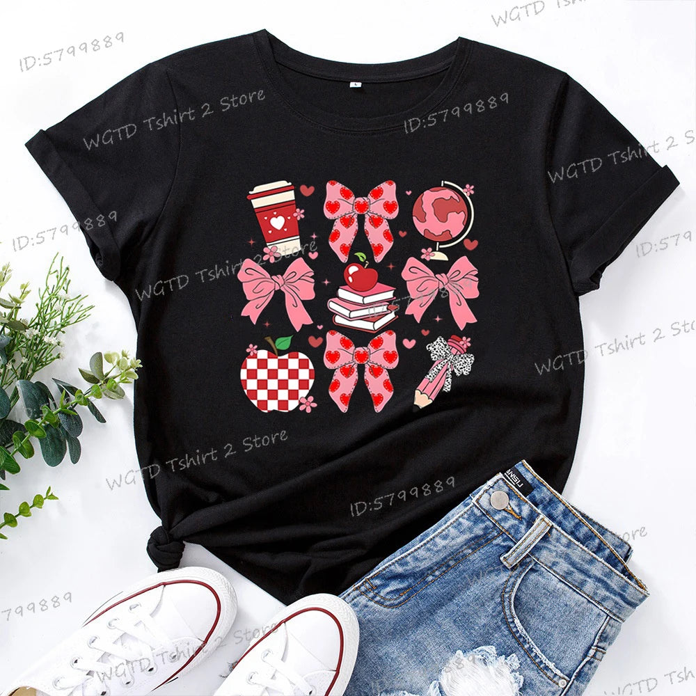 Teacher's Day Graphic Print T-Shirt Teacher Gifts Pink Bows Coquette Crewneck Clothing Back To School Shirt Cute Teacher Tees