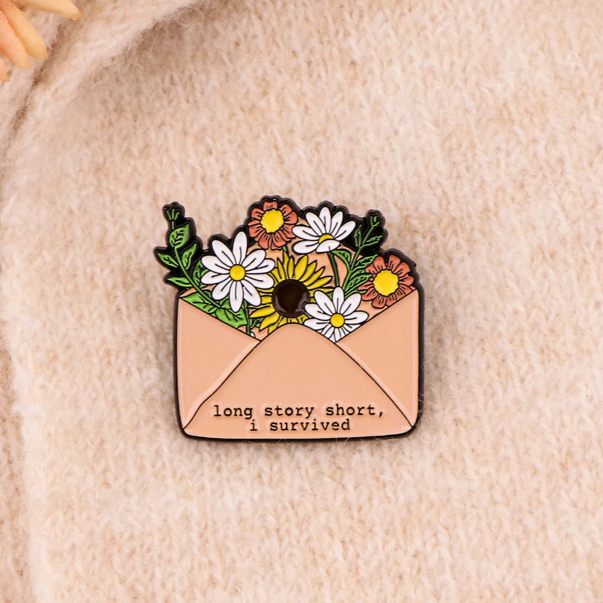 the LONG STORY - Inspiration Enamel Pin, Flowers Envelope Brooch Pin, Lapel Pins Badge Clothing Accessories Gift