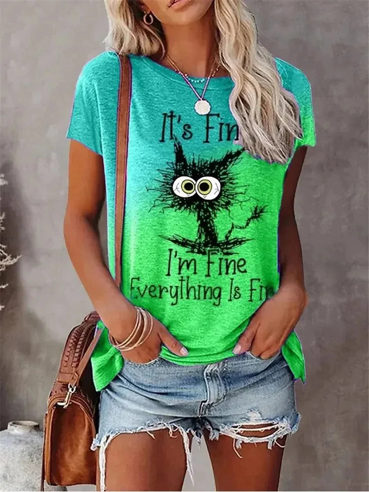 the I'M FINE - 3D Print T-Shirts Women Streetwear Summer Cartoon Cats Fine, Casual Fashion Short Sleeve T Shirt O-neck Tees Tops Clothing