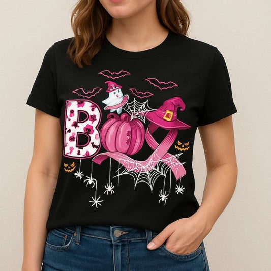 Breast Cancer Boo Shirts Pink Pumpkin Witch Hat Halloween Cancer Tshirt Cancer Awareness Gift Pink October Tee Cotton Tee Tops