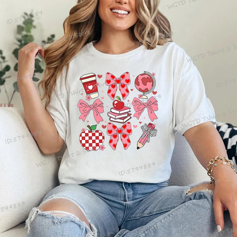 Teacher's Day Graphic Print T-Shirt Teacher Gifts Pink Bows Coquette Crewneck Clothing Back To School Shirt Cute Teacher Tees