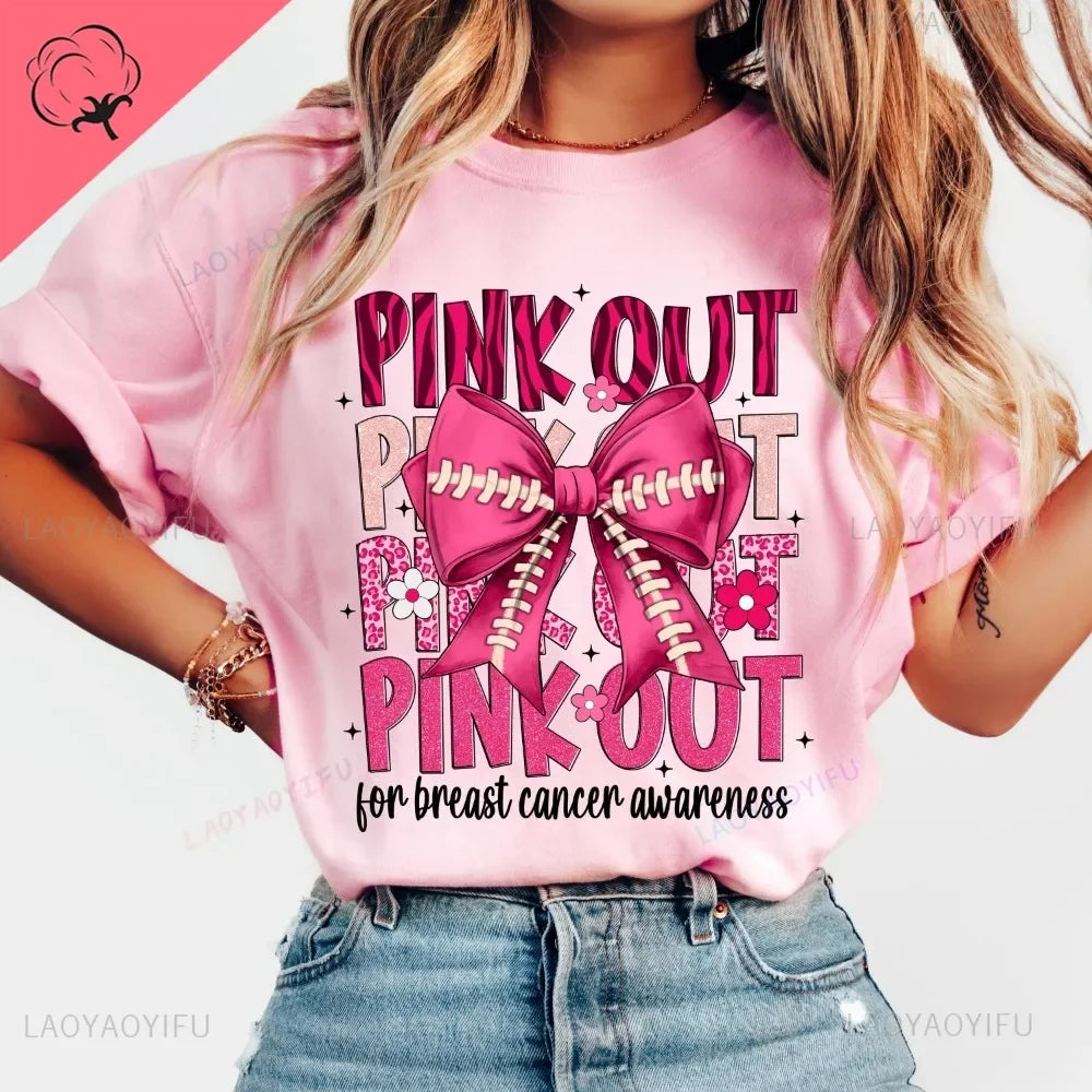 Breast Cancer Awareness Fight Print T Shirt in October We Wear Pink Awareness Ribbon Aesthetic Clothes Pink and White Tops Shirt